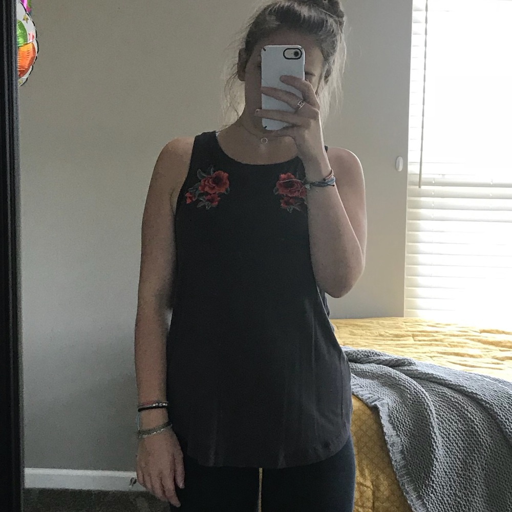 grey tank with flower embroidery